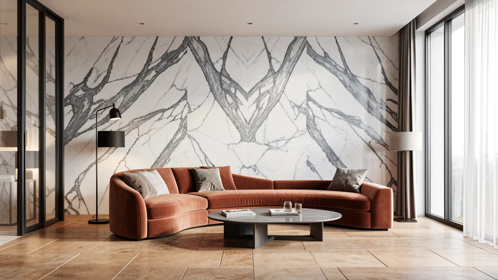 Living Room — Calacatta Statement Wall — konsep desain Lockin Stone